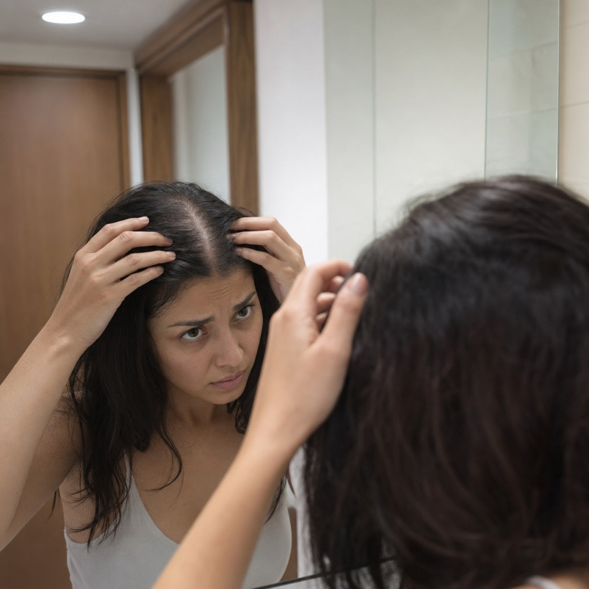 Mujer revisando su raya frente al espejo